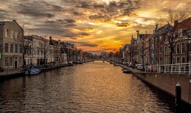 waterway, channel, holland, houses, sunset, water, nature, flow, hdr