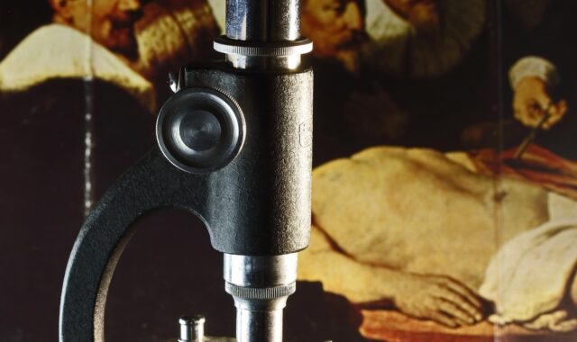 microscope, lab instrument, old, retro, magnifier, instrument, science, study of microorganisms, painting, closeup