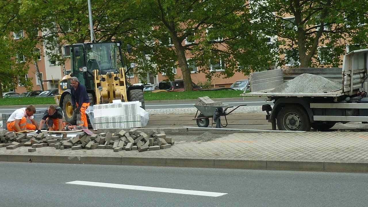 equipment, work, workers, car transporter, material palette, truck, charge, gravel, wheelbarrow, stones, shovel