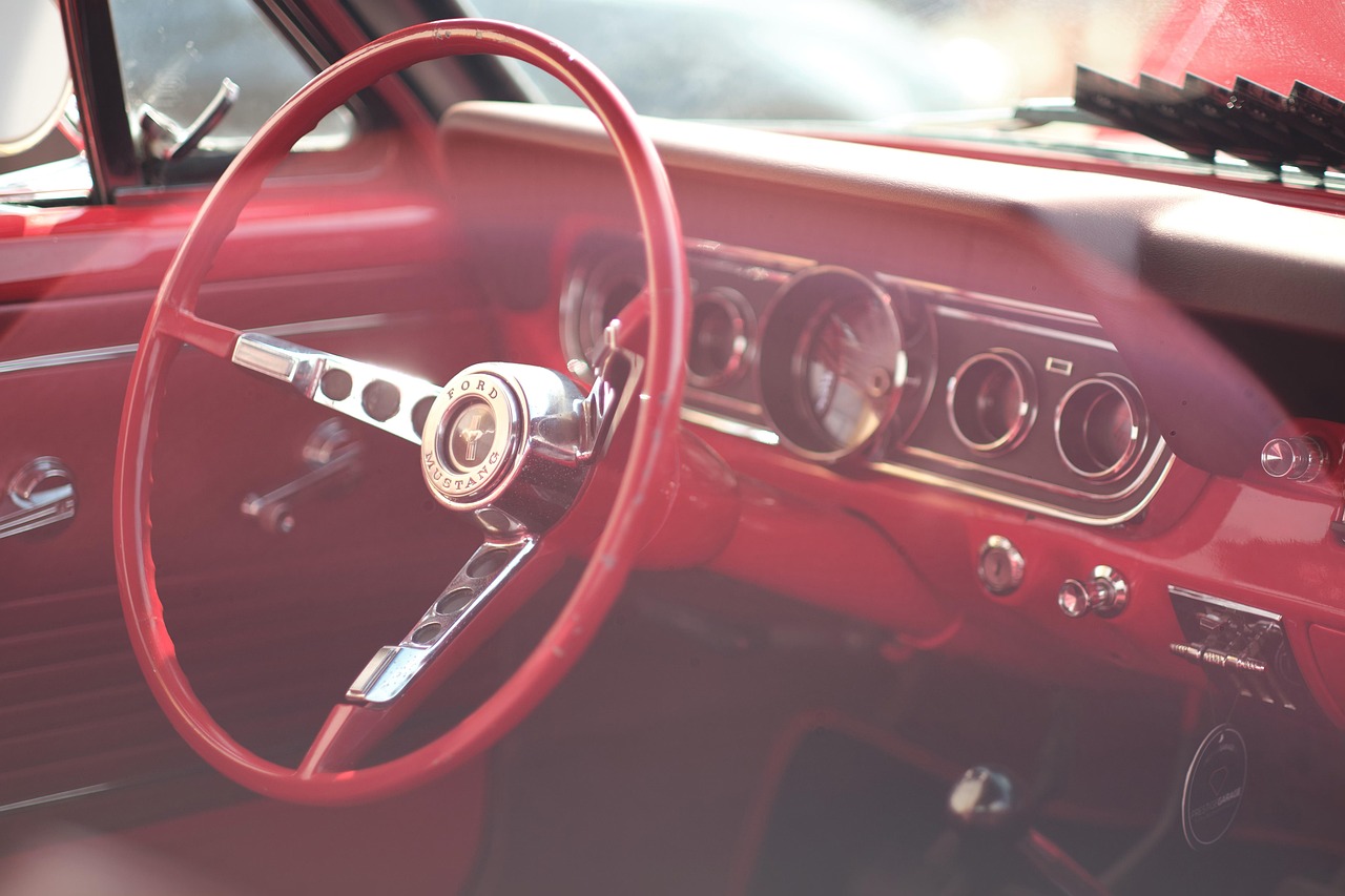 car, steering wheel, odometer, interior, car interior, red car, ford, mustang, classic, car wallpapers, oldtimer, auto, usa, retro, nostalgia